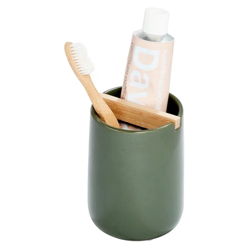 iDesign Ceramic Earth Collection Toothbrush Holder with Paulownia Wood Divider
